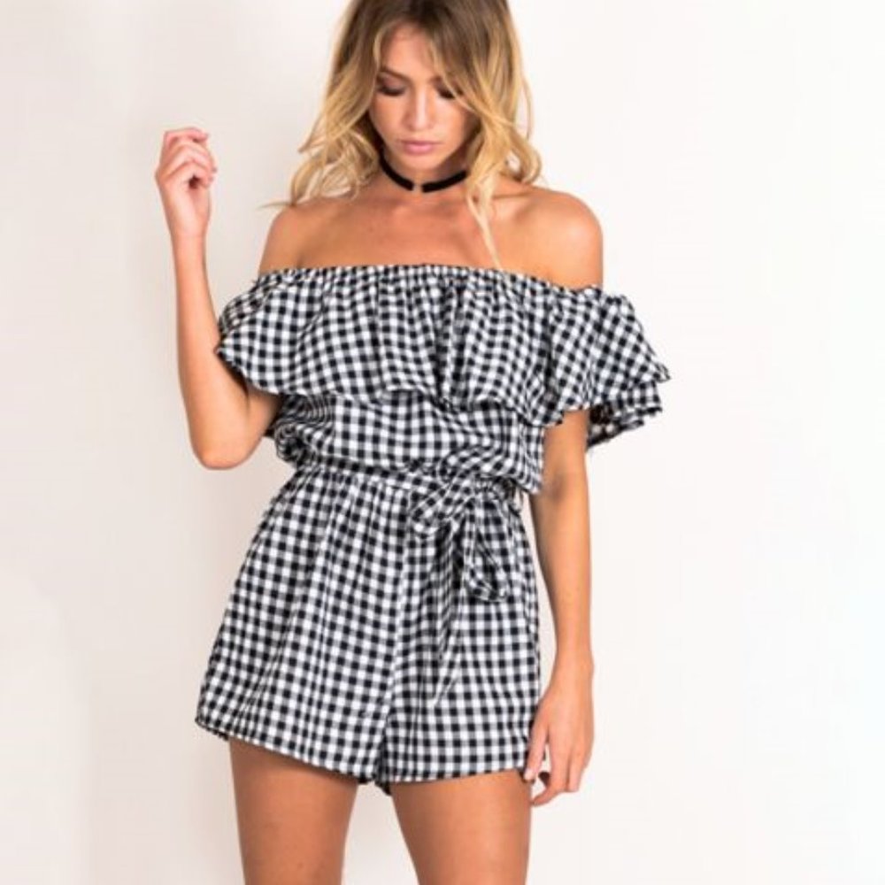 New SIMPLEE Black Gingham Off-Shoulder Romper NWT